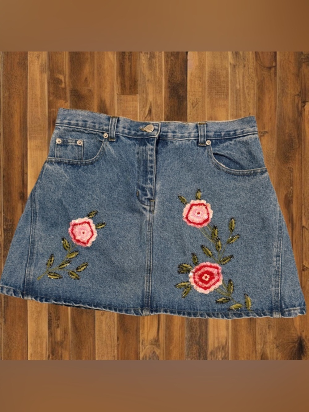 Y2K Embroidered Floral Denim Mini Skirt Cottagecore Indie